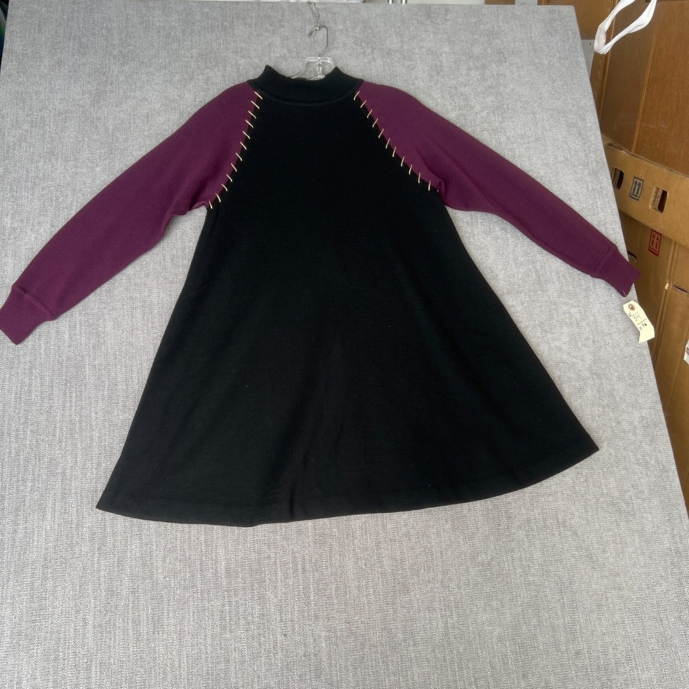 Vintage Bill Blass Sweater Dress Womens 10 P Black Purple Wool Knit Button Front - Picture 2 of 10